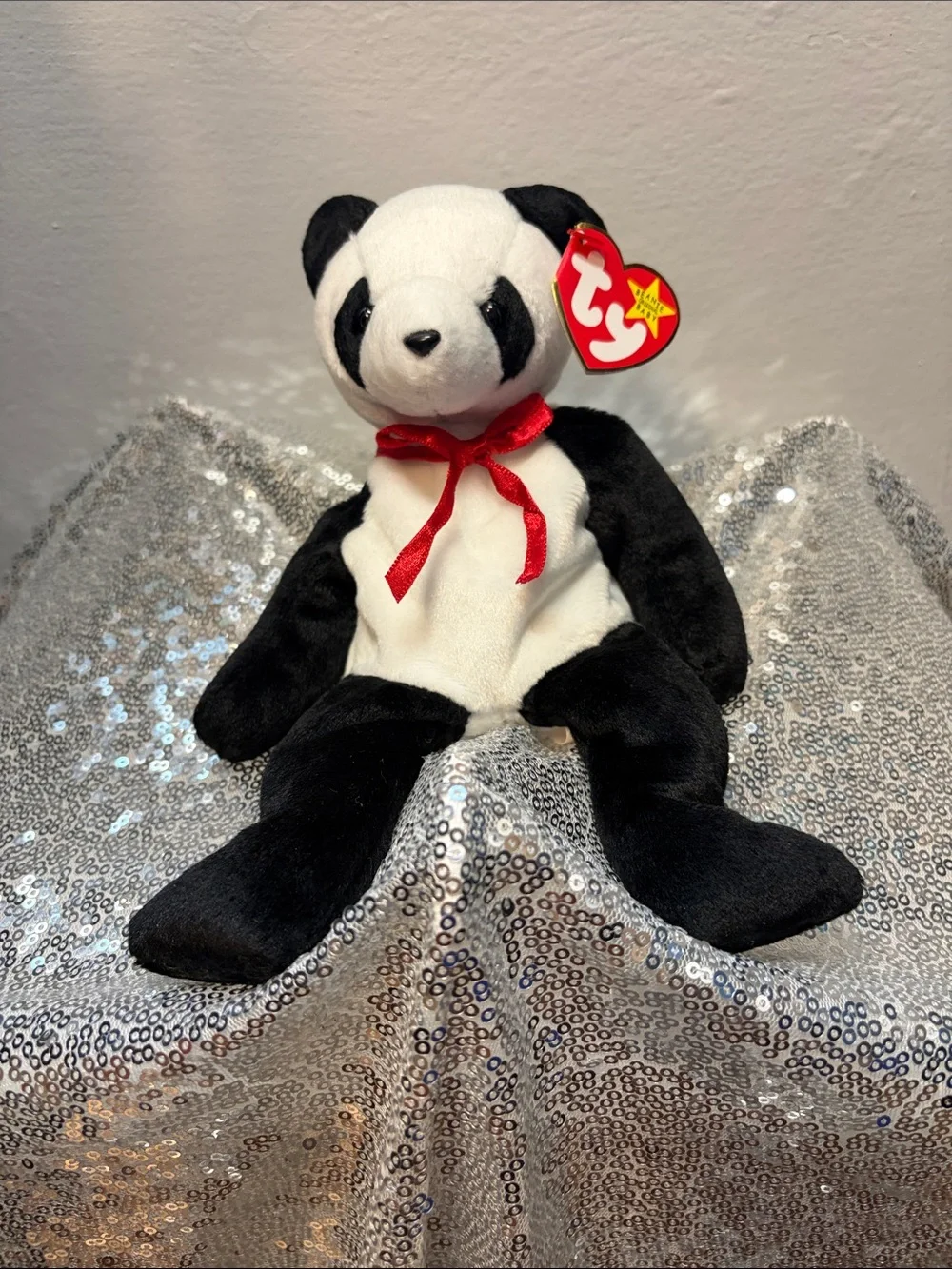 NWT Ty Fortune the Panda Bear Beanie Baby Plush with Red Ribbon